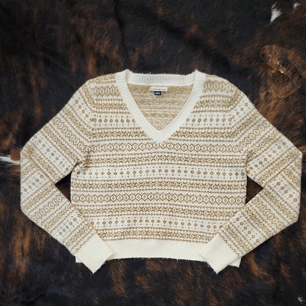 American Eagle Outfitters Cream and Tan V-Neck Sweater